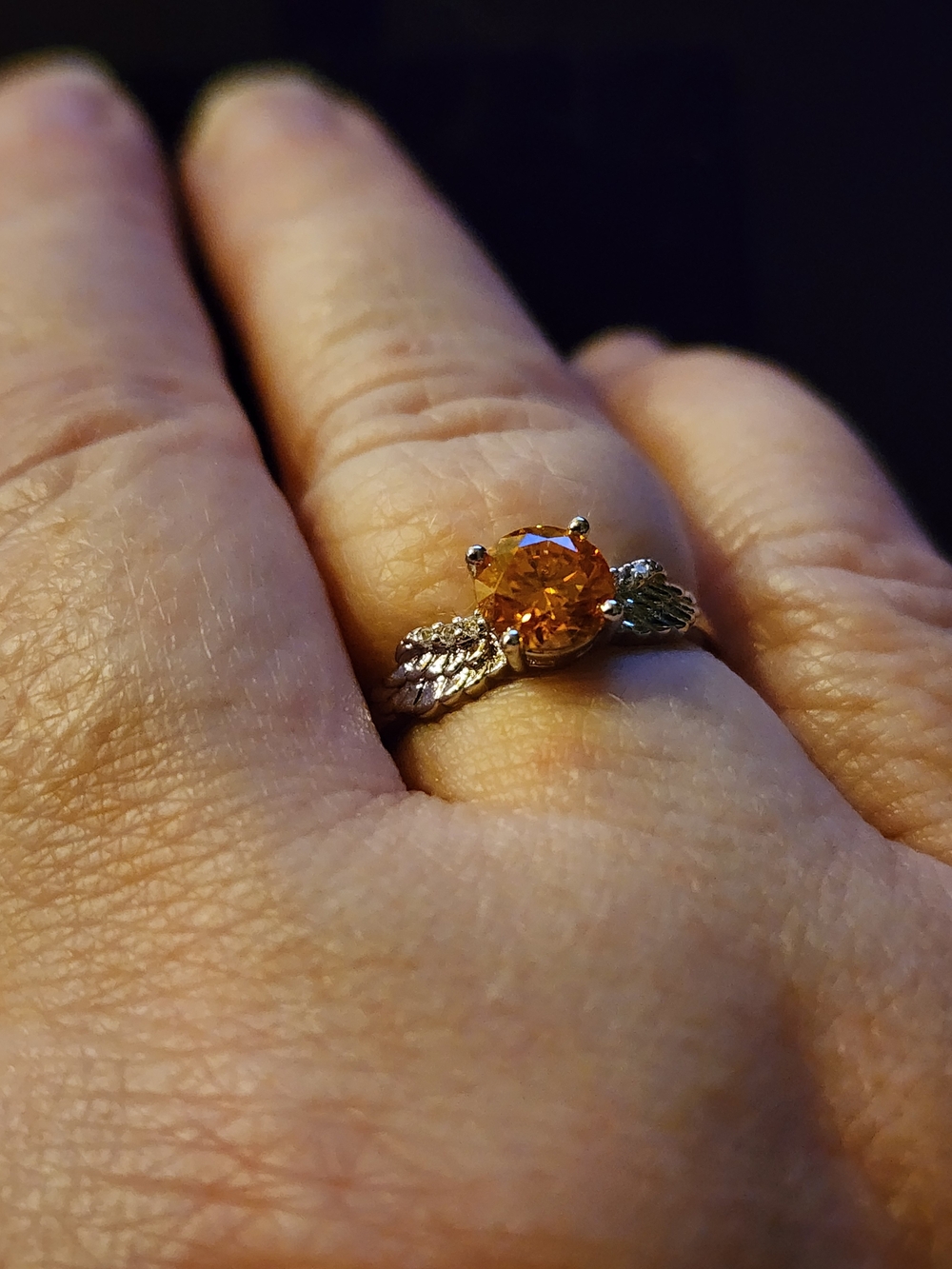 Silver Ring with Orange Citrine-Style Moissanite Stone